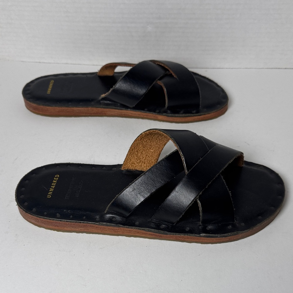 UNMARKED NWOB Women's Black Leather Slide Sandals‎ HandMade in Mexico Size 9
